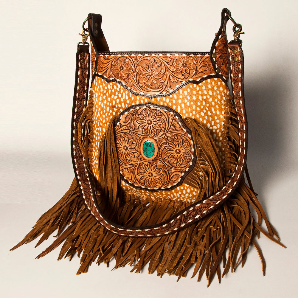 American Darling Hand Tooled Genuine Leather Large Cross Body Bag Women's Floral Carved Purse with Turquoise Concho & Fringes