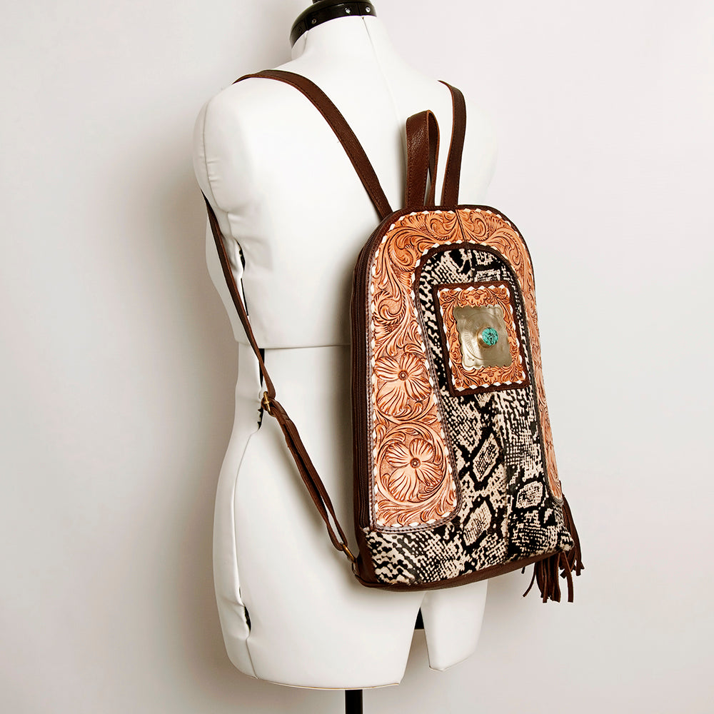 American Darling Hand Tooled Genuine Leather Backpack Women's Floral Carved Western Bag with Turquoise Concho & YKK Zipper