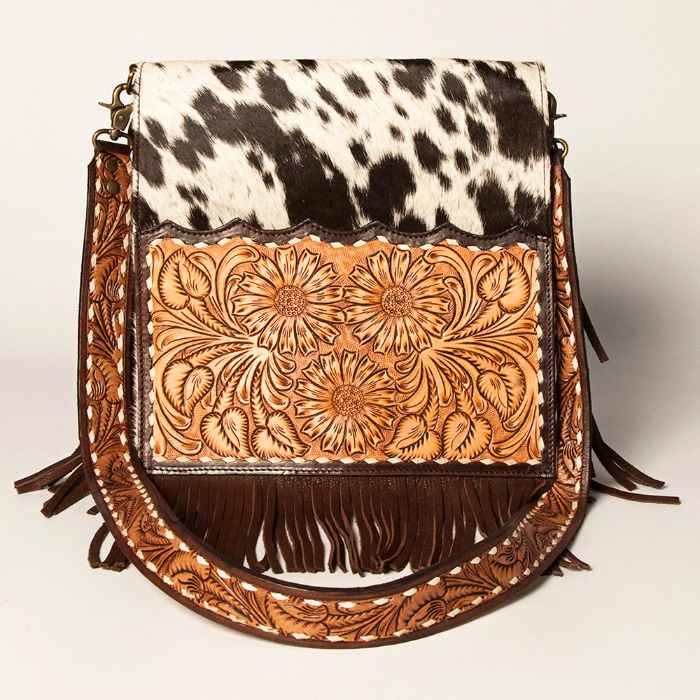 American Darling Hand-Tooled Hair-On Genuine Leather Crossbody Bag