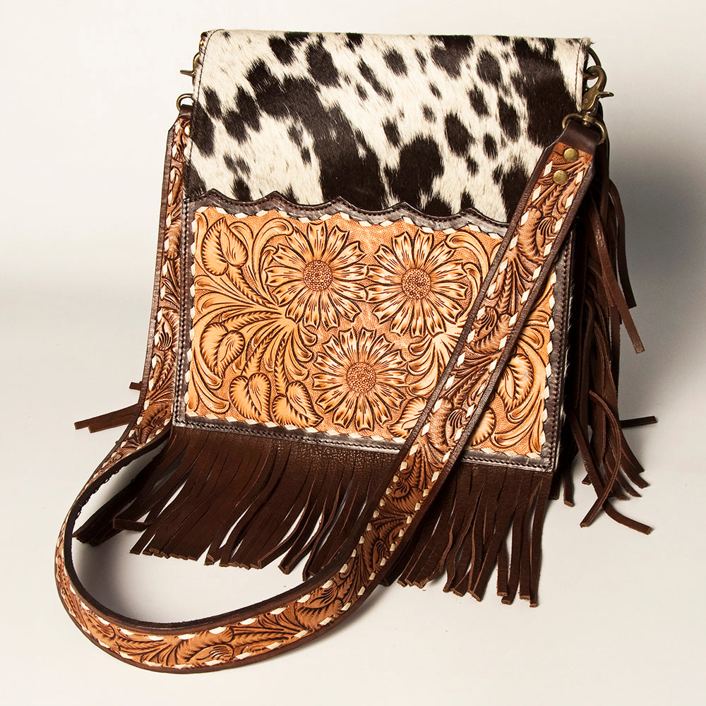 American Darling Hand-Tooled Hair-On Genuine Leather Crossbody Bag