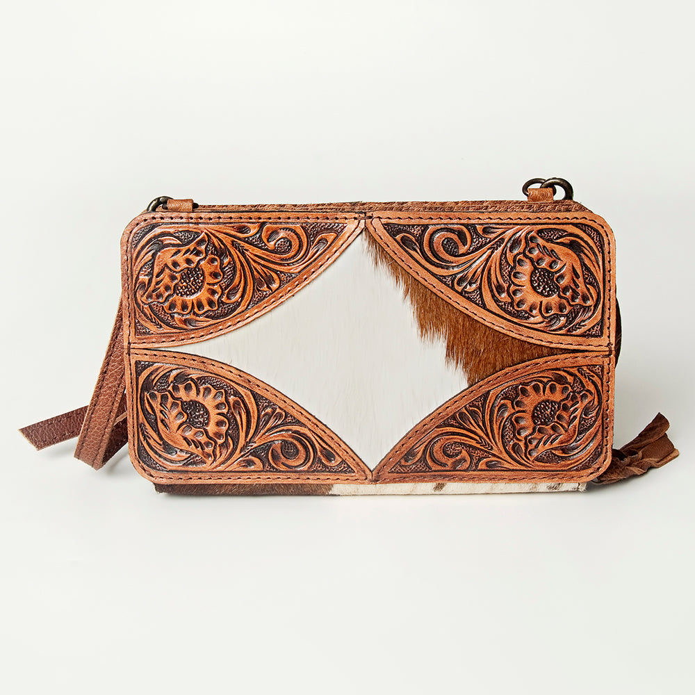 American Darling Wallet, Hand Tooled Floral Leather & Hair-On Cowhide, Genuine Full Grain Western Crossbody Wallet, 5x9x1.5in