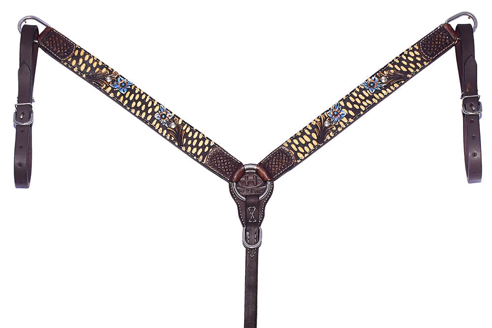 Bar H Equine Premium Hand Tooled Leather Breast Collar  Stainless Steel Hardware Brown