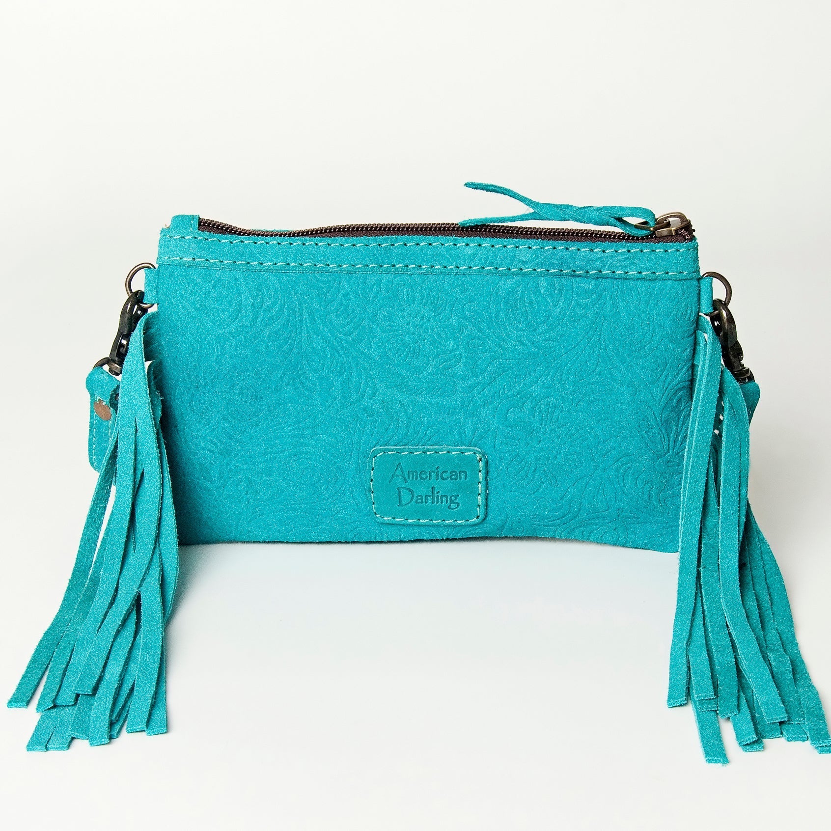 American Darling Small Cross body Bag Western Leather Floral Embossed Damascus Carved Genuine Leather 4.5in x 8in
