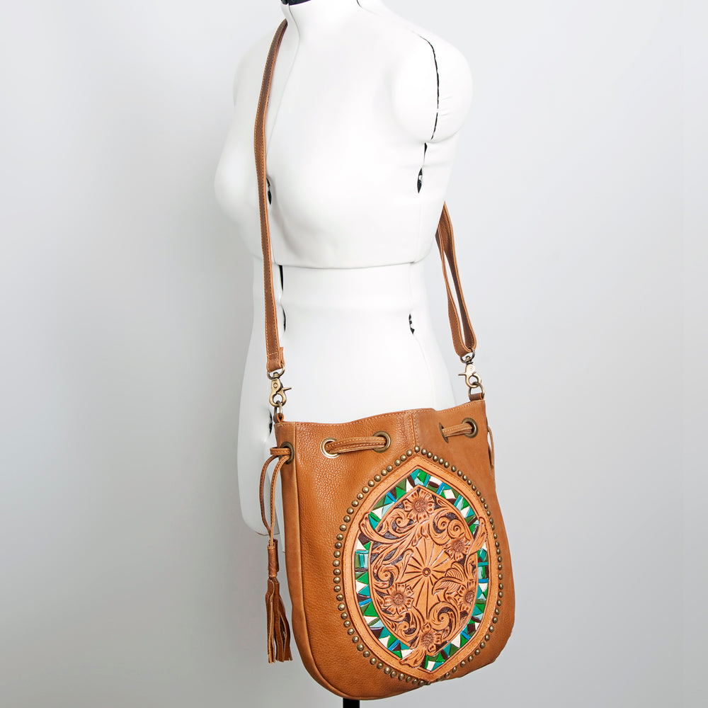 American Darling Bucket Bag Hand Tooled Floral Leather & Hair-On Cowhide Western Crossbody Purse 14in x 12in