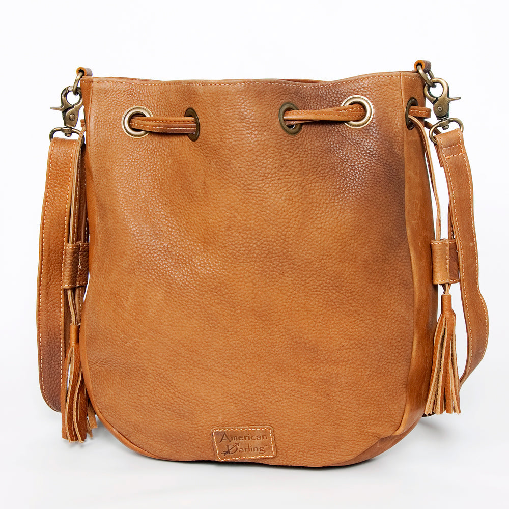 American Darling Bucket Bag Hand Tooled Floral Leather & Hair-On Cowhide Western Crossbody Purse 14in x 12in