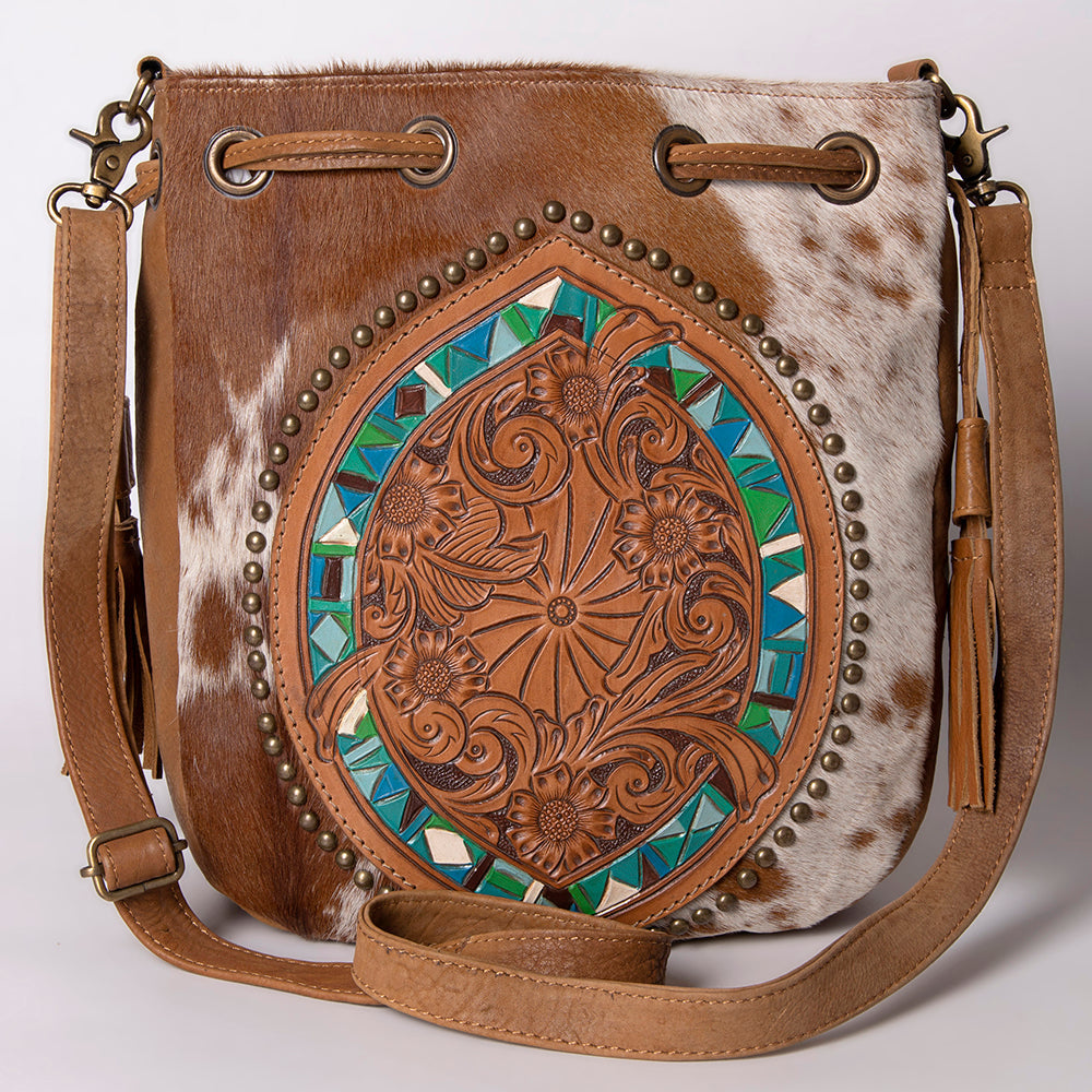 American Darling Bucket Bag Hand Tooled Floral Leather & Hair-On Cowhide Western Crossbody Purse 14in x 12in