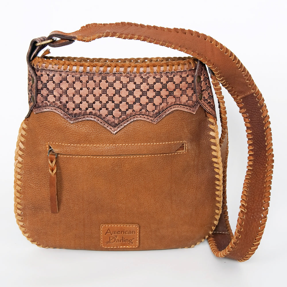 American Darling Large Cross body Bag Hand Tooled Longhorn Floral Hair-On Cowhide Western Leather Purse 11in x 11.5in
