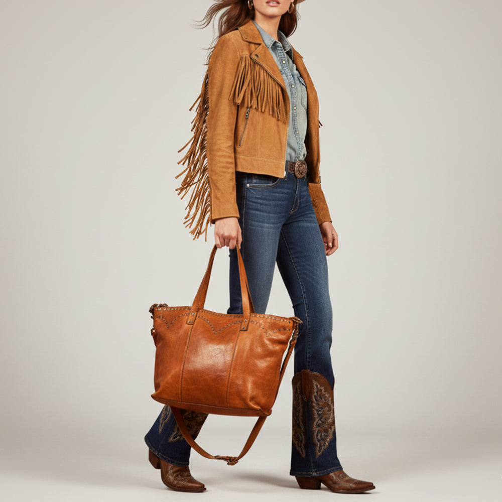 Spaghetti Western Swc135Acg Tote Vintage Handmade Drum Dyed Genuine European Cowhide Leather Women Bag Western Handbag Purse