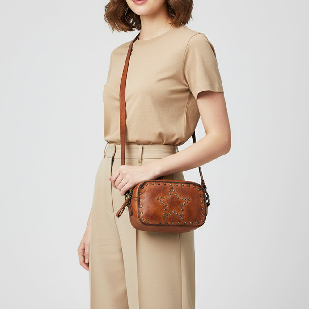 Spaghetti Western Swc166Cg Small Crossbody Vintage Handmade Drum Dyed Genuine European Cowhide Leather Women Bag Western Handbag Purse
