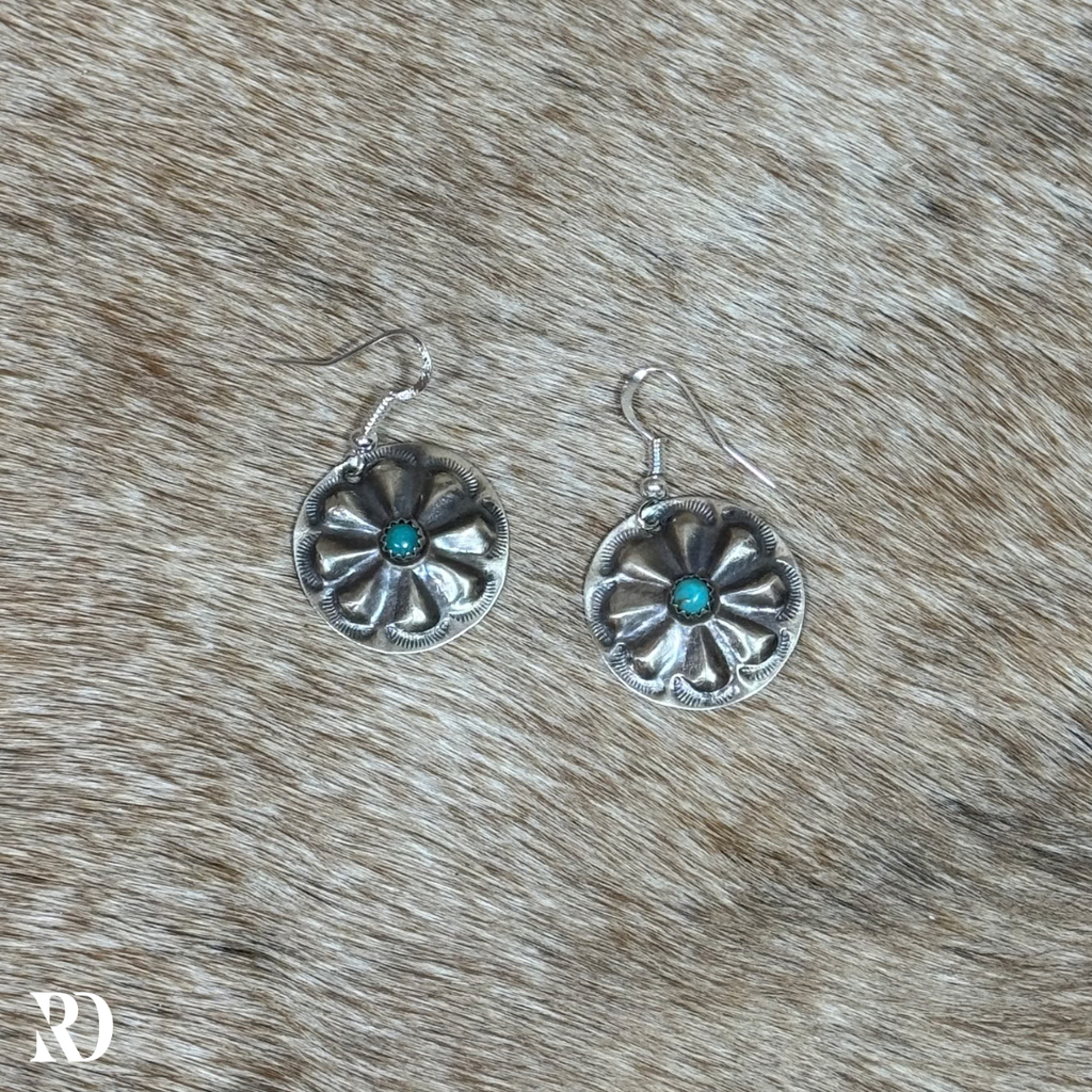 Kingman Turquoise Dangle Concho Earrings By Joan Begay — view 2