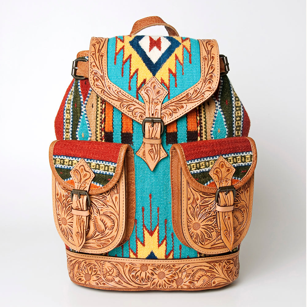 American Darling Backpack Bag Western Hand Tooled Floral Genuine Leather with Hair-On Cowhide & YKK Zipper for Women
