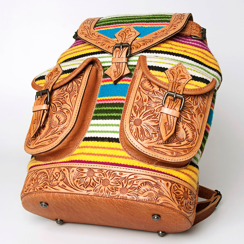 American Darling Backpack Bag Western Hand Tooled Floral Genuine Leather with Hair-On Cowhide & YKK Zipper for Women