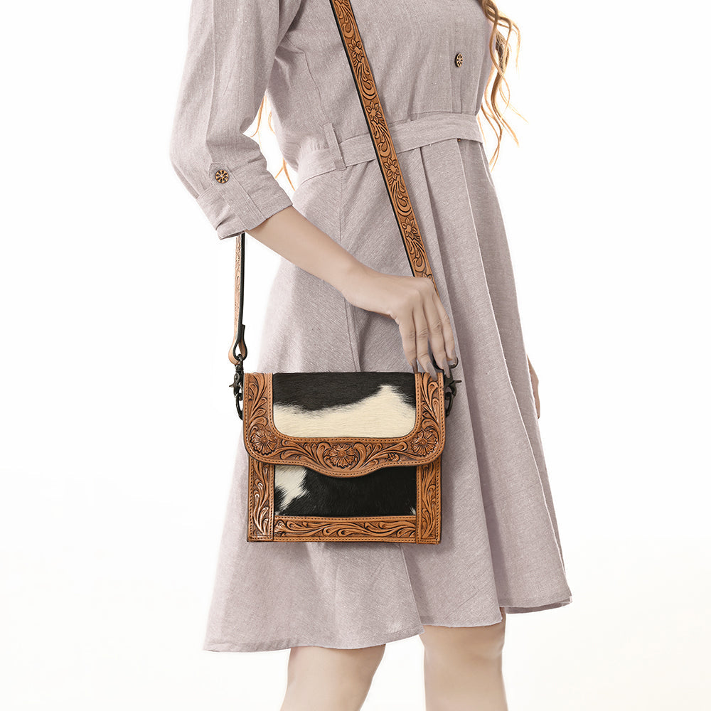 American Darling Hand-Tooled Hair-On Genuine Leather Messenger Bag