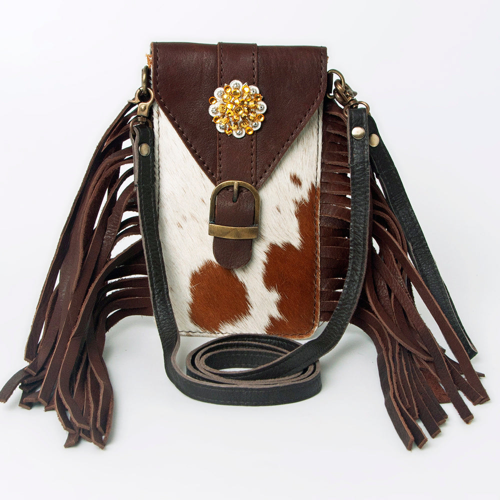 American Darling Hair-On Cowhide Cell Phone Holder Fringes Braided Handle Vegetable-Tanned Genuine Leather YKK Zipper
