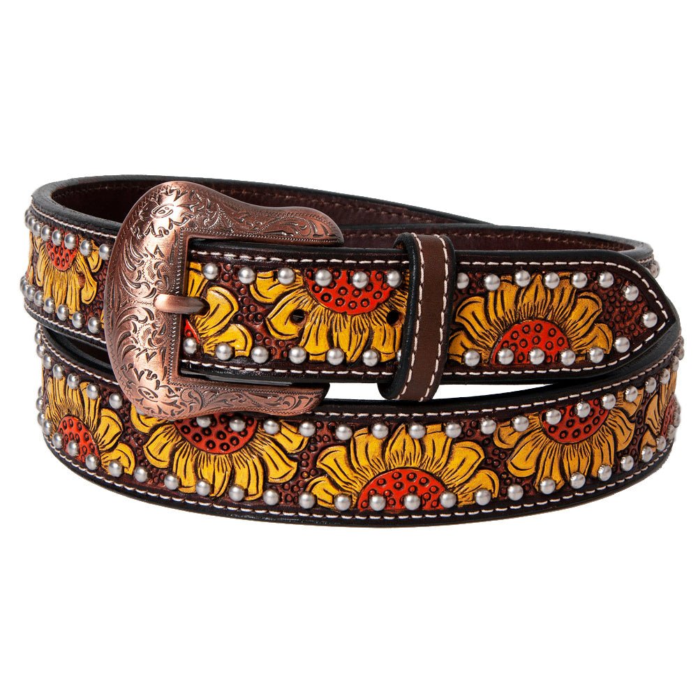 BAR H EQUINE Sunflower Floral Hand Painted Western Leather Men And Women Belt Brown