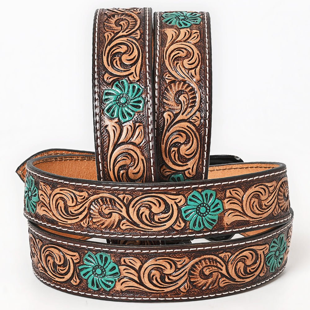 BAR H EQUINE Turquoise Flower Hand Painted Western Leather Men And Women Belt Brown