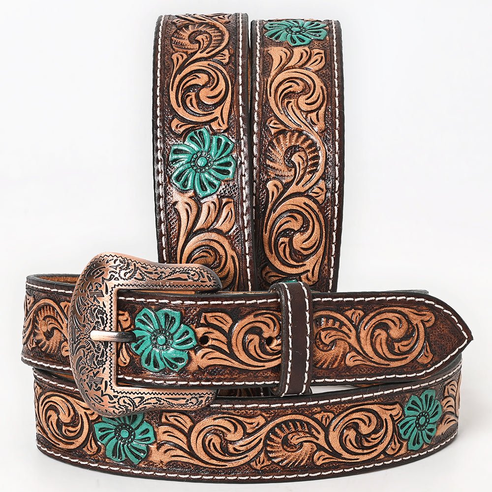 BAR H EQUINE Turquoise Flower Hand Painted Western Leather Men And Women Belt Brown