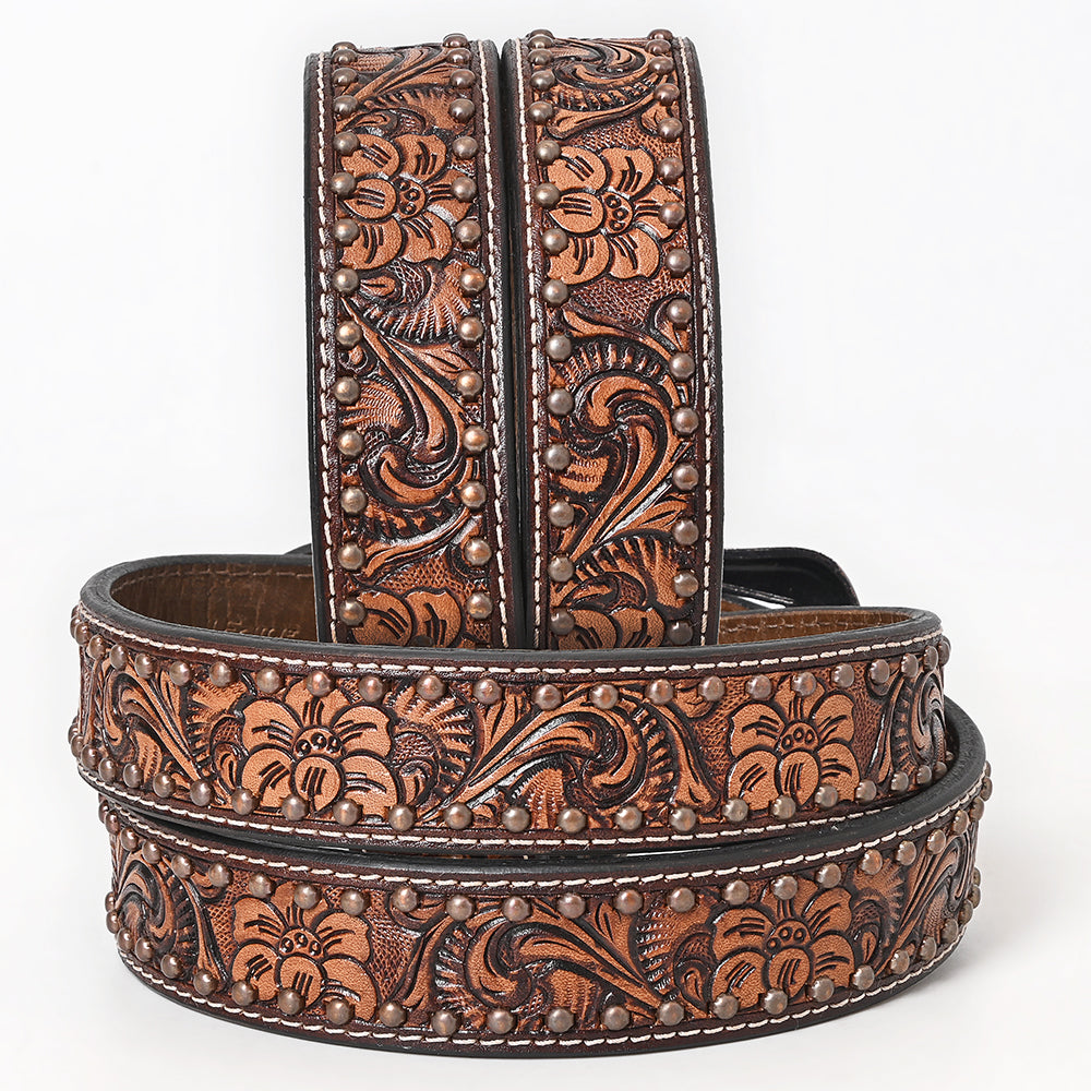 BAR H EQUINE Floral Genuine Hand Tooled Western Fashion Premium Leather Men And Women Belt Brown