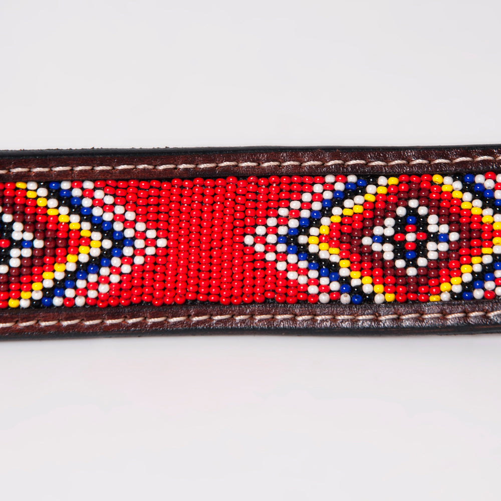 BAR H EQUINE Red Beaded Black Crystal Hand Carved Western Leather Belt Antique Brown