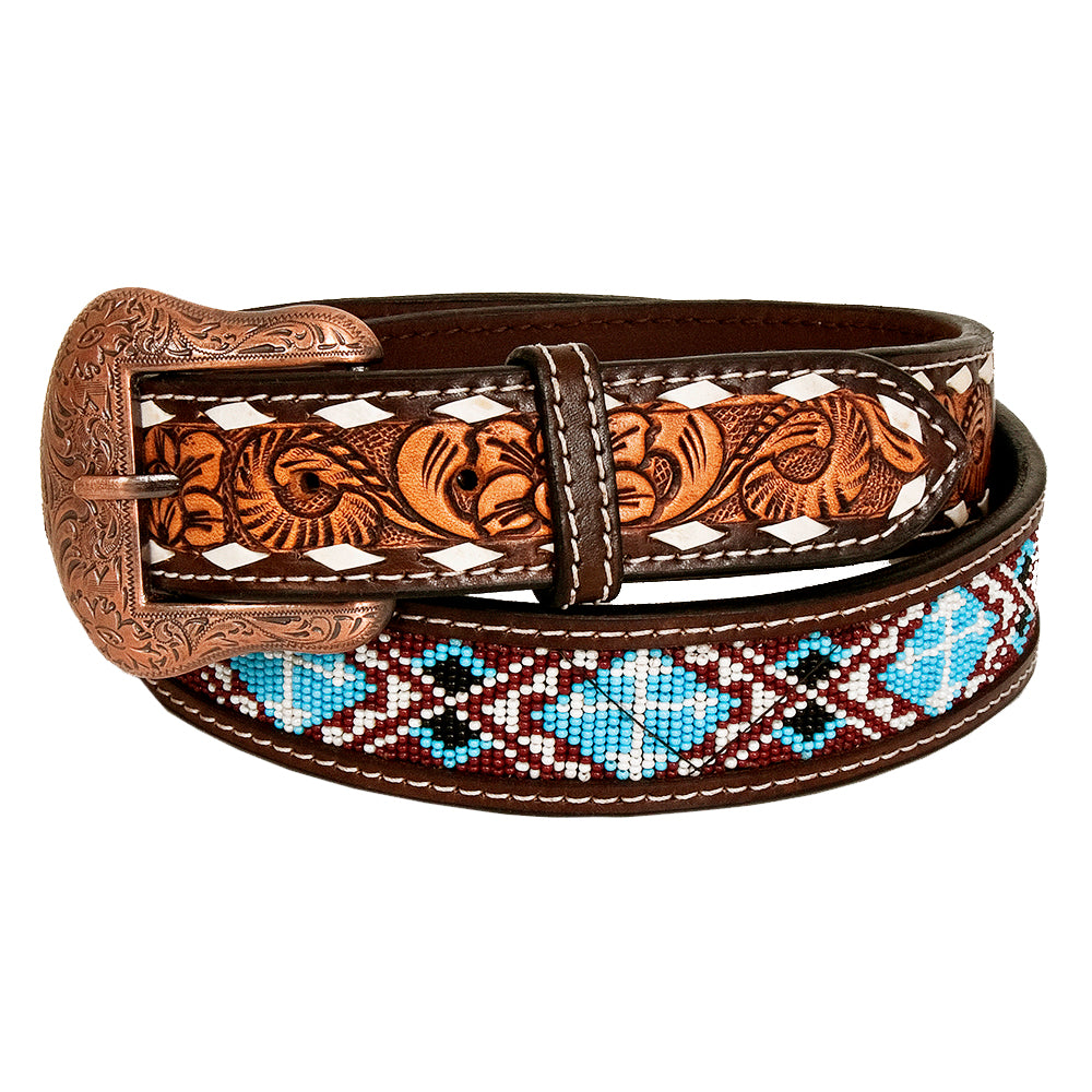 BAR H EQUINE Genuine Beaded Floral Hand Tooled Western Leather Men And Women Belt