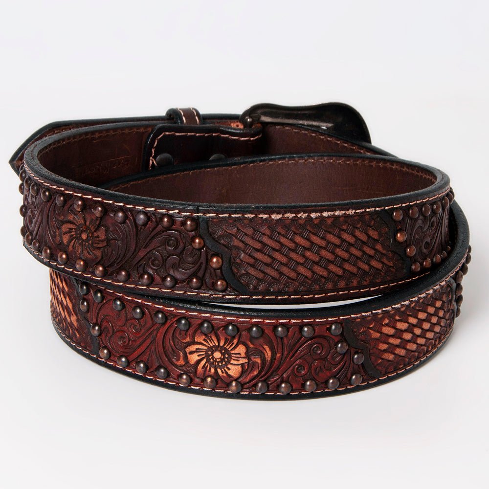 BAR H EQUINE Floral Basket Hand Tooled Western Leather Men And Women Belt Brown