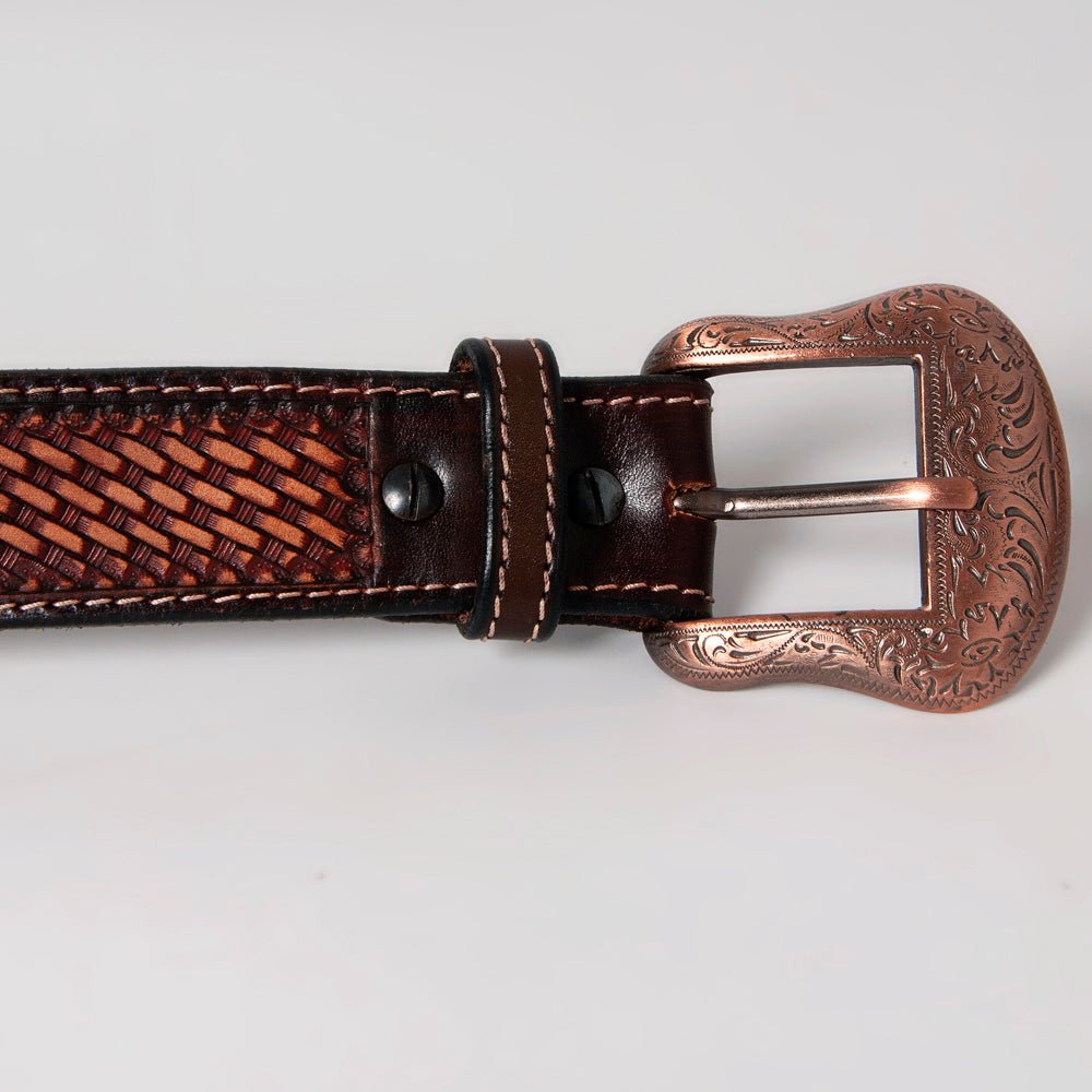 BAR H EQUINE Floral Basket Hand Tooled Western Leather Men And Women Belt Brown