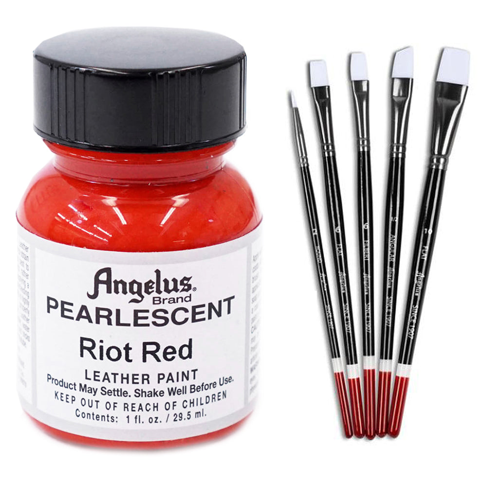 Angelus Pearlescent Leather Paint, Riot Red — with 5-Pc Brush Set, 1 oz