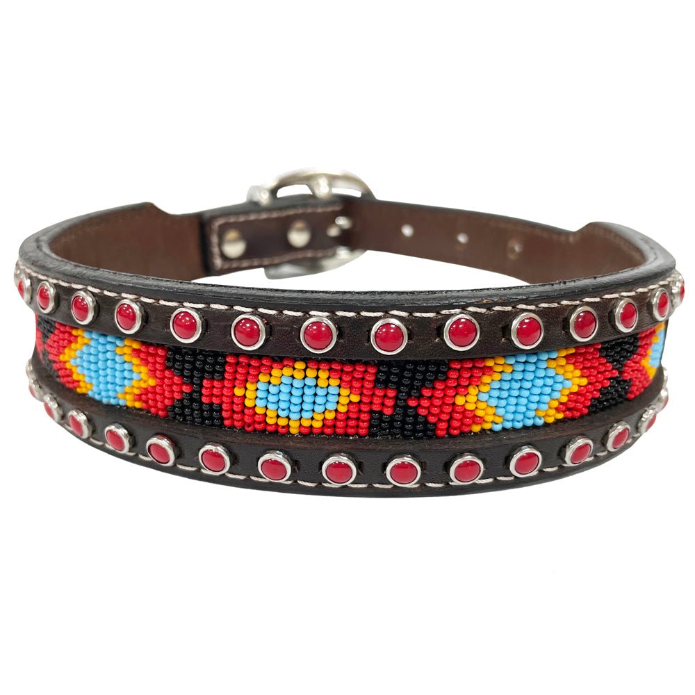 BAR H EQUINE Floral Beaded Hand Carved Western Leather Dog Collar Dark Brown