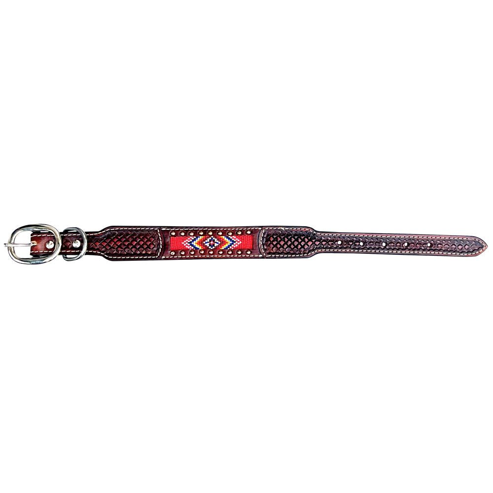 BAR H EQUINE Beaded Diamond Designs Hand Tooled Western Leather Dog Collar Antique Brown