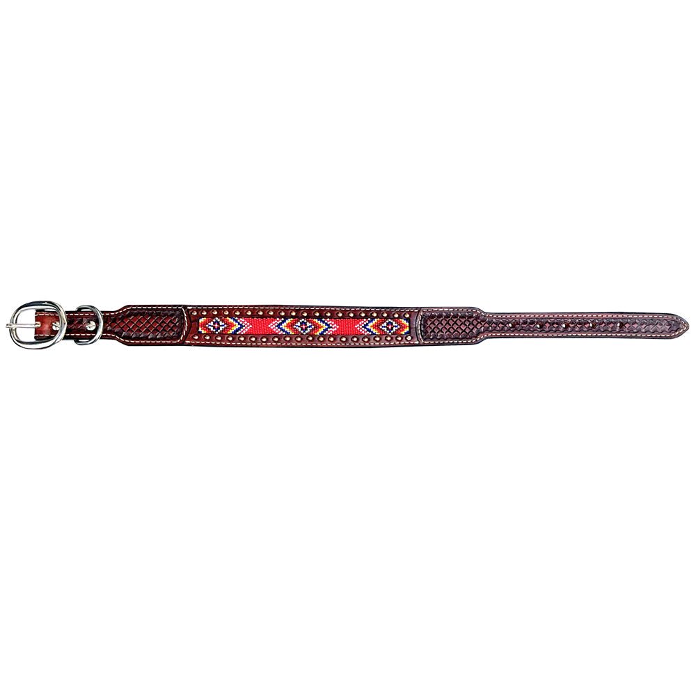 BAR H EQUINE Beaded Diamond Designs Hand Tooled Western Leather Dog Collar Antique Brown