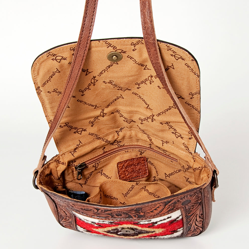 American Darling Western Cross body Bag for Women, Hand Tooled Leather, Hair-On Cowhide, Floral Carved with Turquoise Concho