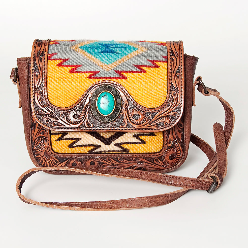 American Darling Western Cross body Bag for Women, Hand Tooled Leather, Hair-On Cowhide, Floral Carved with Turquoise Concho