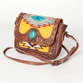 American Darling Western Cross body Bag for Women, Hand Tooled Leather, Hair-On Cowhide, Floral Carved with Turquoise Concho
