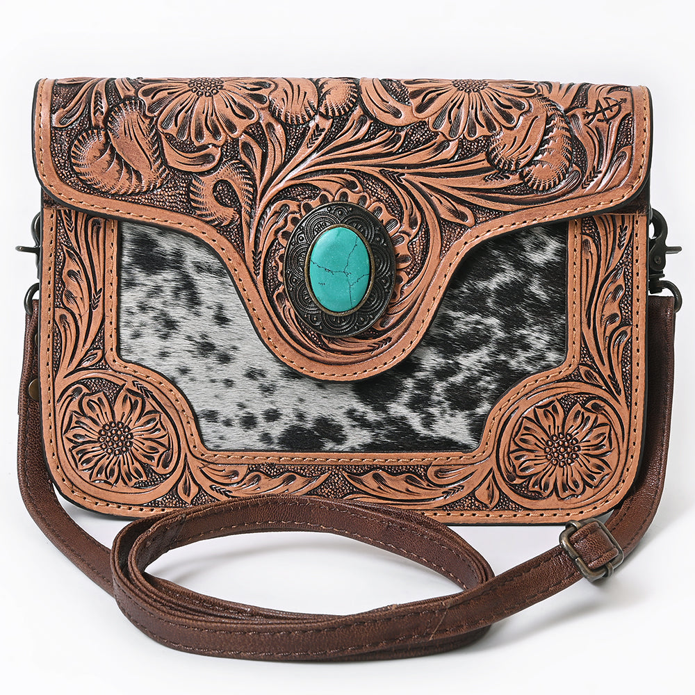 American Darling Cross body Bag Western Leather Hair-On Cowhide Hand Tooled Floral Turquoise Concho 8in x 10in