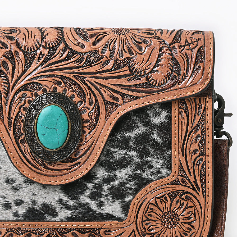 American Darling Cross body Bag Western Leather Hair-On Cowhide Hand Tooled Floral Turquoise Concho 8in x 10in