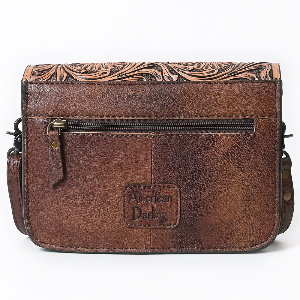 American Darling Cross body Bag Western Leather Hair-On Cowhide Hand Tooled Floral Turquoise Concho 8in x 10in