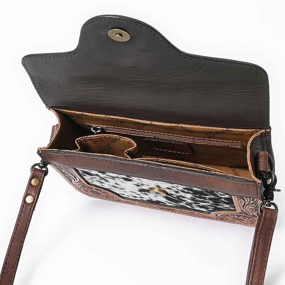 American Darling Cross body Bag Western Leather Hair-On Cowhide Hand Tooled Floral Turquoise Concho 8in x 10in