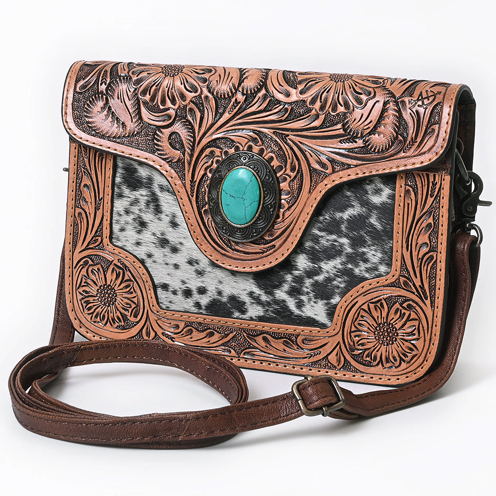 American Darling Cross body Bag Western Leather Hair-On Cowhide Hand Tooled Floral Turquoise Concho 8in x 10in