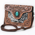 American Darling Cross body Bag Western Leather Hair-On Cowhide Hand Tooled Floral Turquoise Concho 8in x 10in