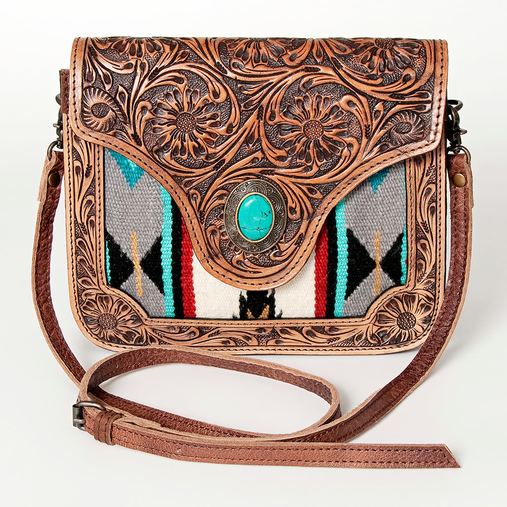 American Darling Cross body Bag Western Leather Hair-On Cowhide Hand Tooled Floral Turquoise Concho 8in x 10in
