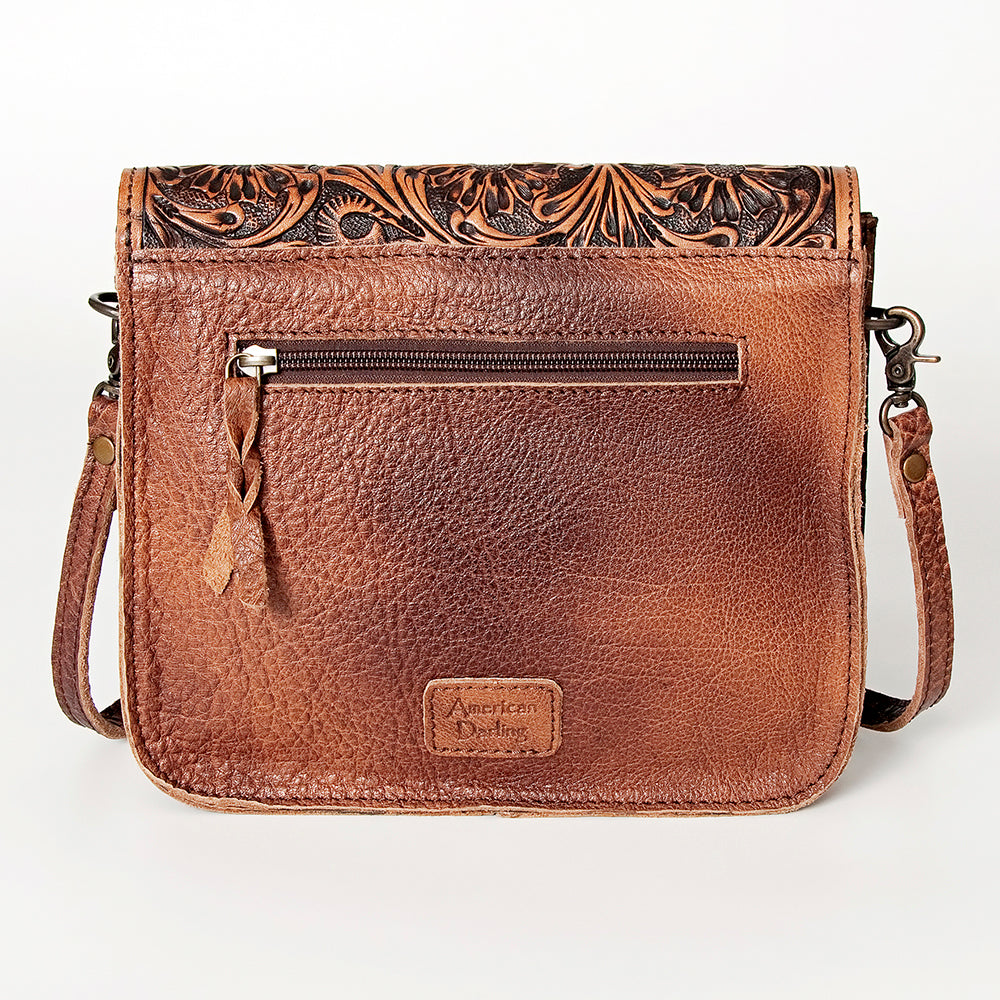 American Darling Cross body Bag Western Leather Hair-On Cowhide Hand Tooled Floral Turquoise Concho 8in x 10in