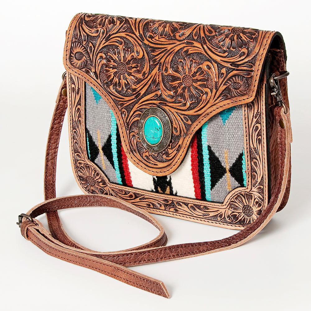 American Darling Cross body Bag Western Leather Hair-On Cowhide Hand Tooled Floral Turquoise Concho 8in x 10in