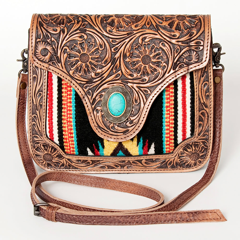 American Darling Cross body Bag Western Leather Hair-On Cowhide Hand Tooled Floral Turquoise Concho 8in x 10in