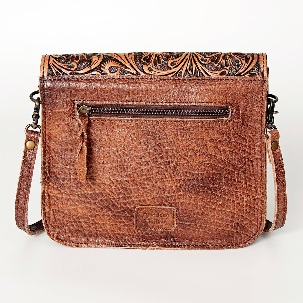 American Darling Cross body Bag Western Leather Hair-On Cowhide Hand Tooled Floral Turquoise Concho 8in x 10in