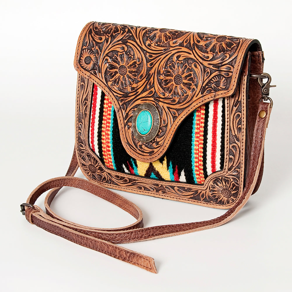 American Darling Cross body Bag Western Leather Hair-On Cowhide Hand Tooled Floral Turquoise Concho 8in x 10in