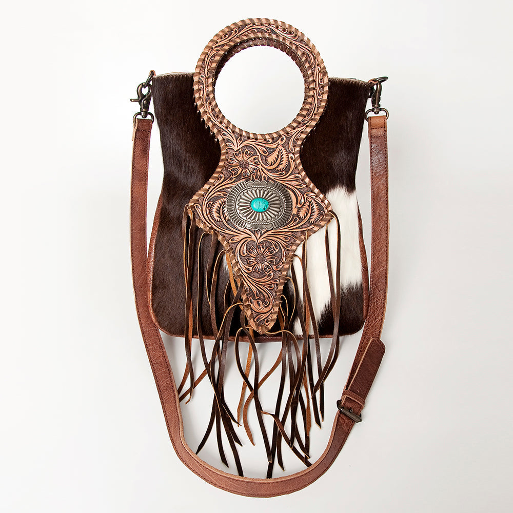 American Darling Clutch Bag Western Leather Hand Tooled Floral Carved Hair-On Cowhide Turquoise Concho & Fringes 14x12