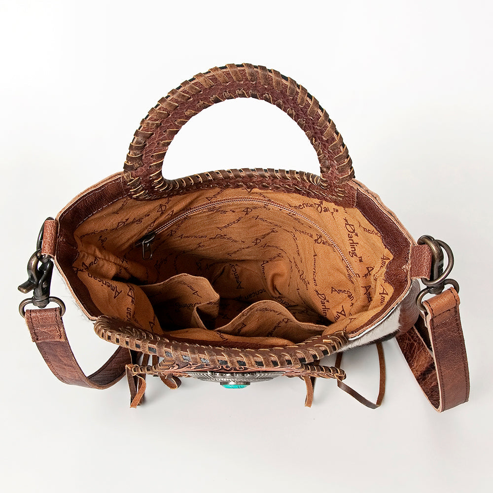 American Darling Clutch Bag Western Leather Hand Tooled Floral Carved Hair-On Cowhide Turquoise Concho & Fringes 14x12