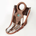American Darling Clutch Bag Western Leather Hand Tooled Floral Carved Hair-On Cowhide Turquoise Concho & Fringes 14x12
