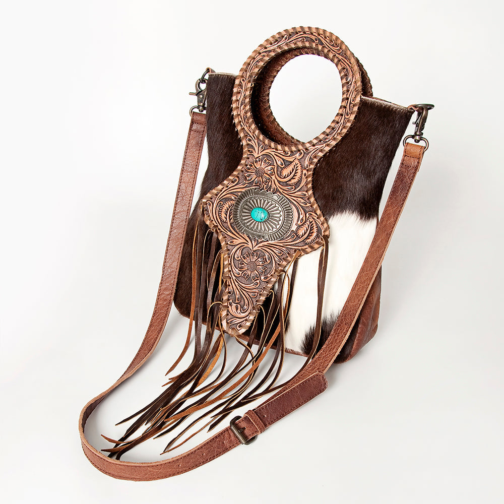 American Darling Clutch Bag Western Leather Hand Tooled Floral Carved Hair-On Cowhide Turquoise Concho & Fringes 14x12