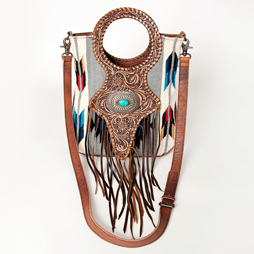 American Darling Clutch Bag Western Leather Hand Tooled Floral Carved Hair-On Cowhide Turquoise Concho & Fringes 14x12